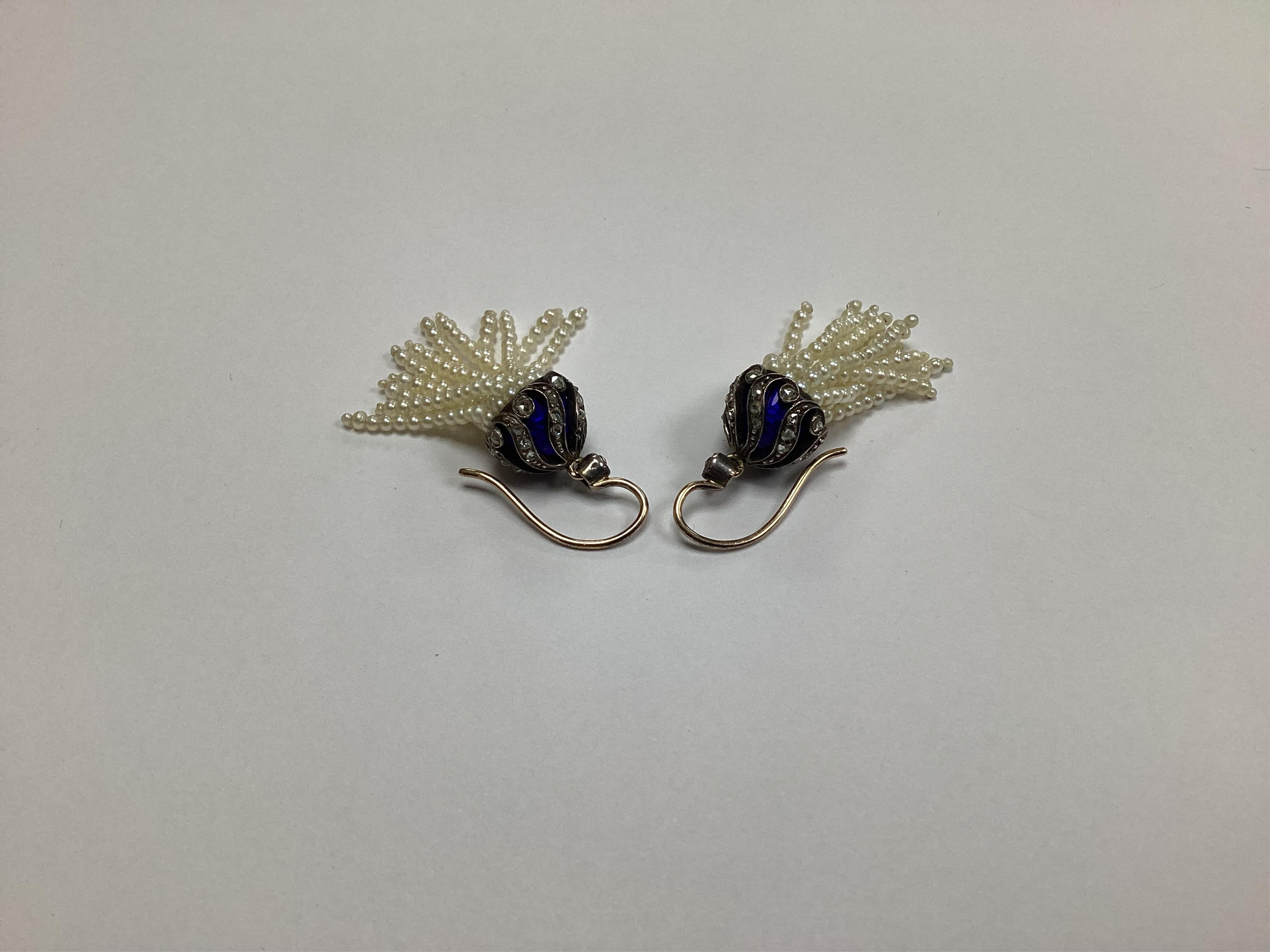 A pair of late Victorian, gold and seed pearl multi tassel drop earrings